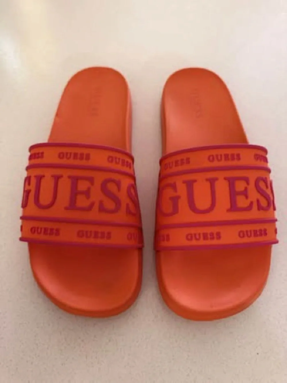 Guess Woman Orange Slide Sandals with Contrasting Logo